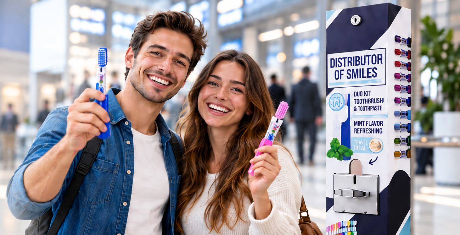 Smiling entrepreneurs holding DIFRESH dental kits next to an original DIFRESH vending machine